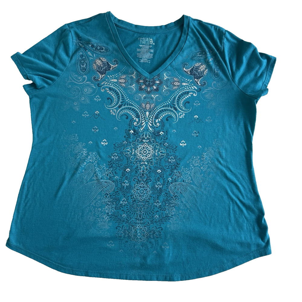 Time and Tru Vivid Teal Graphic Tee – Size XL (16–18)
